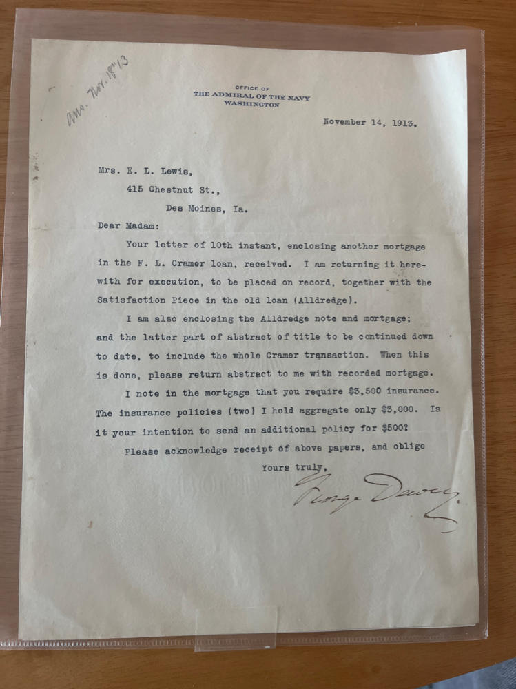Admiral Dewey Signed Letter 1913