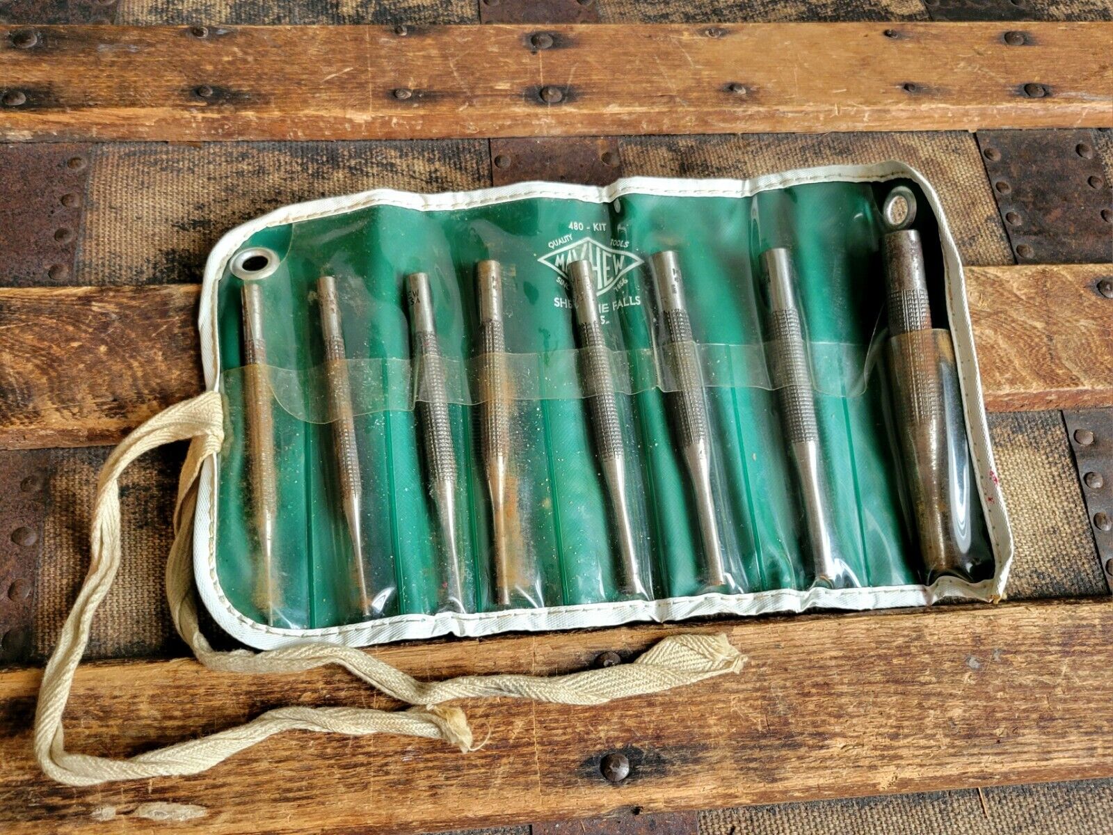 Vintage Mayhew 8 Piece Pin Punch Set No. 480 in Original Roll Case Made in USA