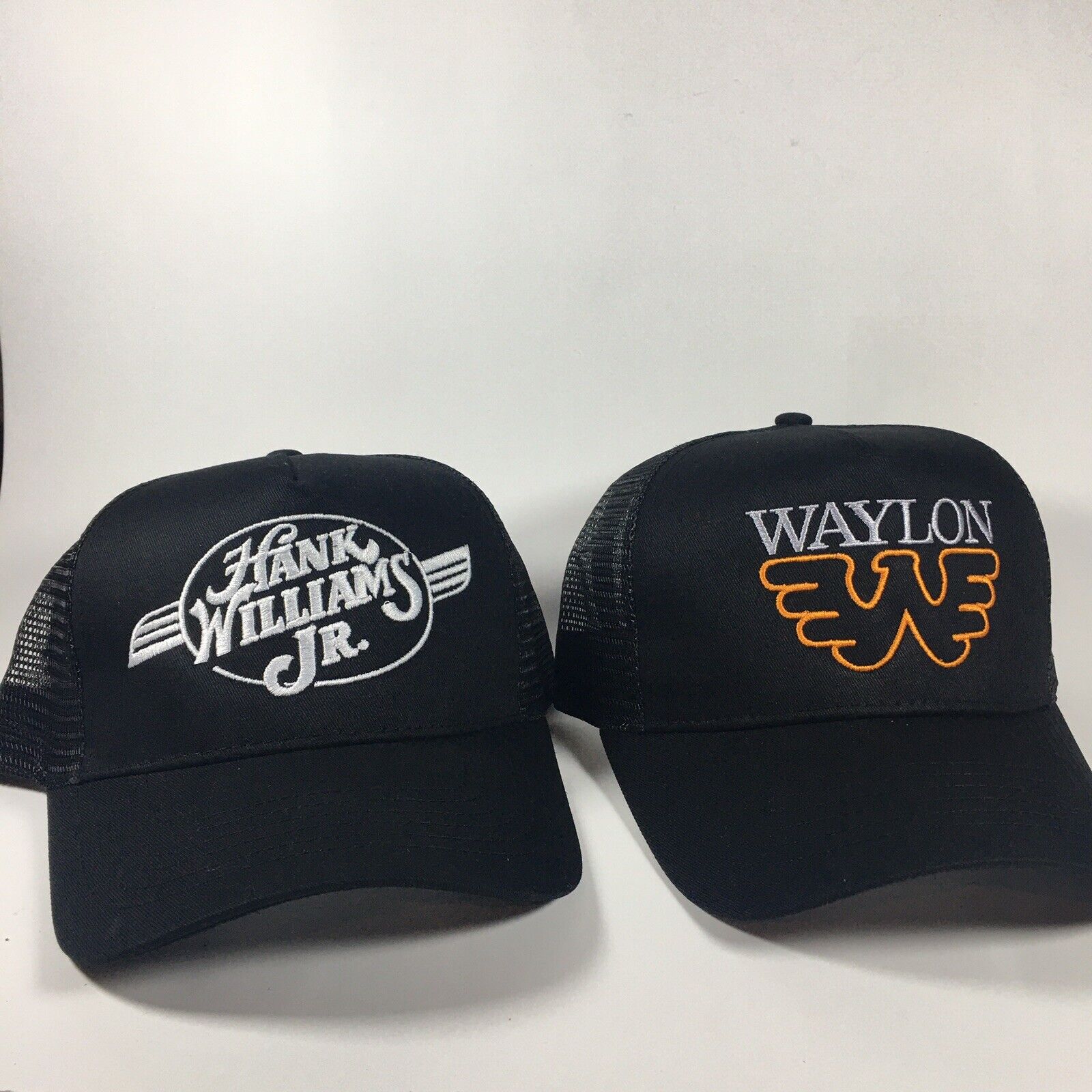 Lot of 2 Vintage Style Black Mesh Trucker Hats Waylon Hank Jr. 