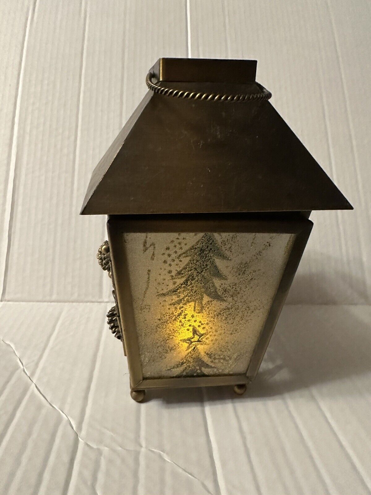 Wintry Eve Metallic Gold Lantern 8” Pine Tree  And Acorn Motif  Holiday Decor
