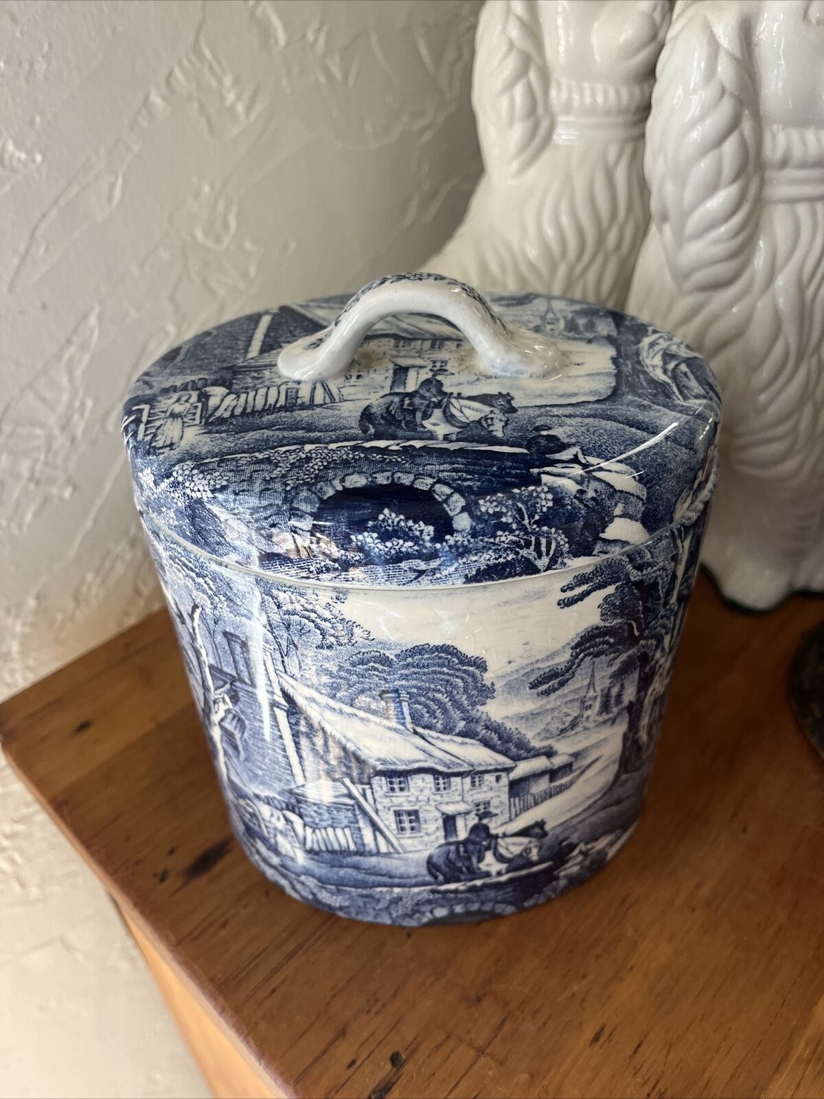 Staffordshire Blue Transferware James Kent Old Foley Canister 8 In