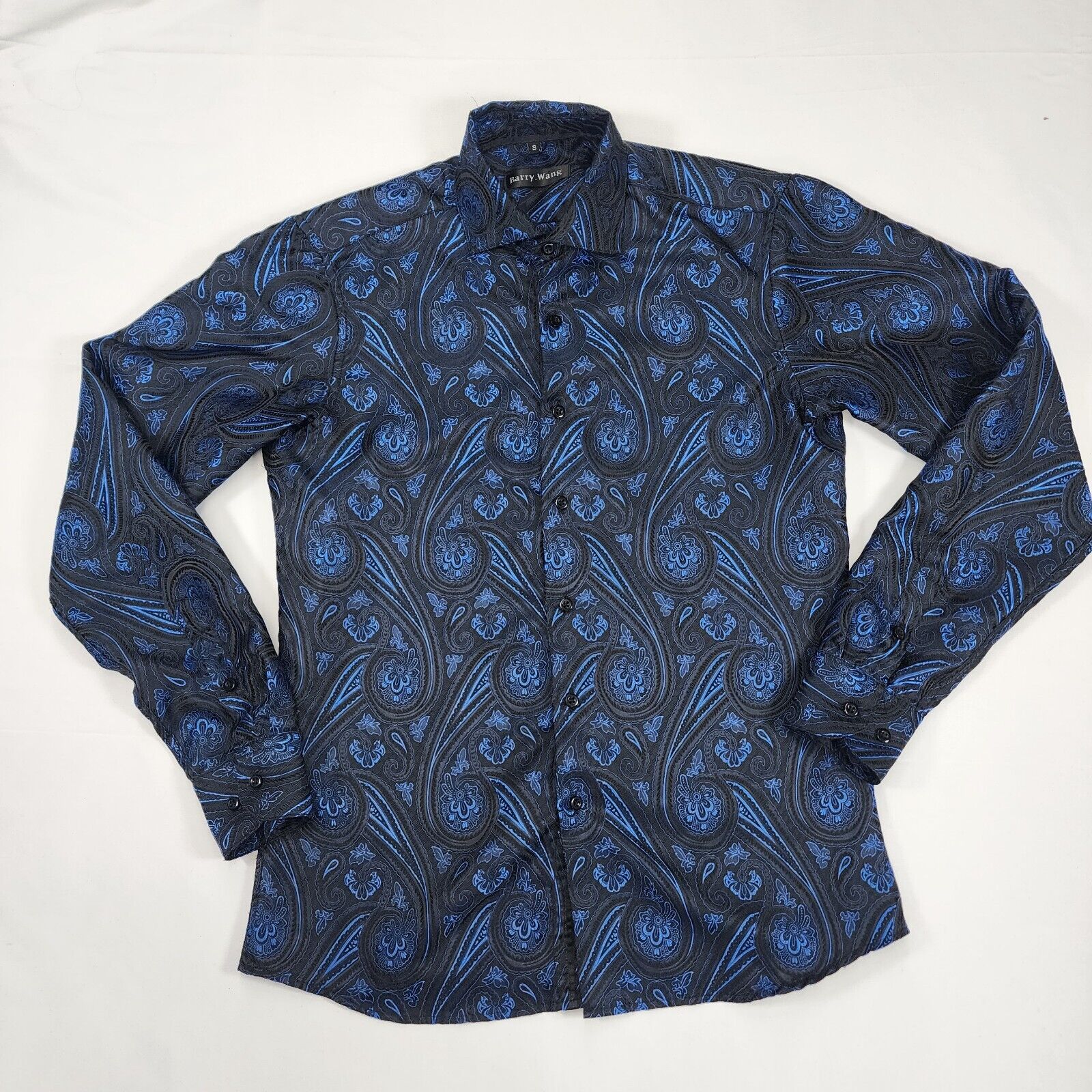 Barry.Wang Men\'s Black &Blue Paisley Flower Shirt Size S