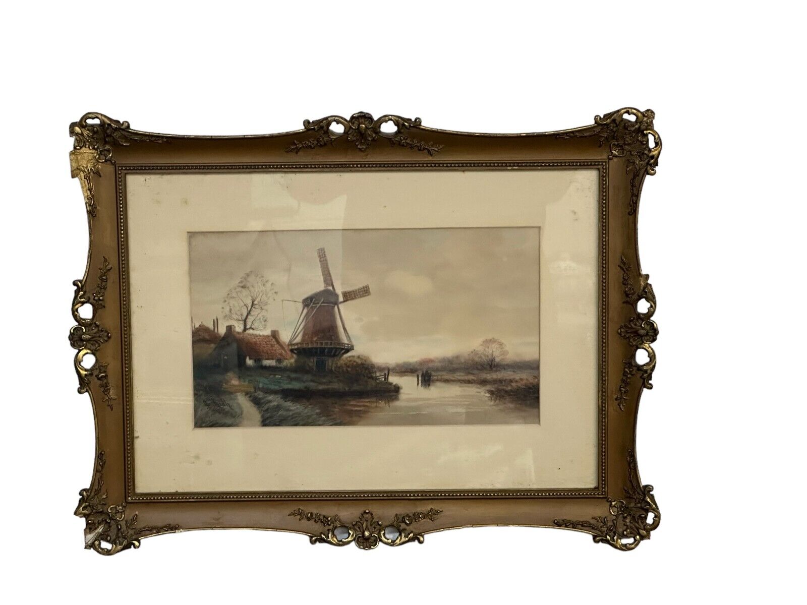antique watercolor windmill listed artist gilt frame 1800s george herdle 1868-19