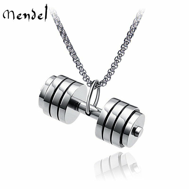 MENDEL Mens Stainless Steel Barbell Gym Weight Lifting Dumbbell Necklace Pendant