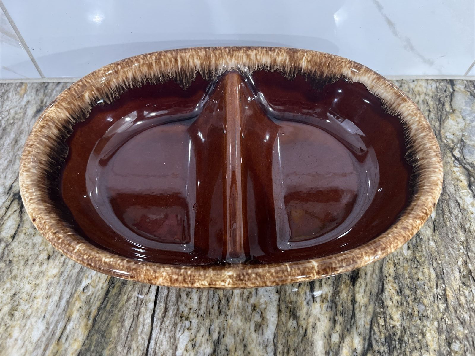 Vintage Hull Brown Drip Glaze Oval Divided Serving Bowl 11”x 7.5\
