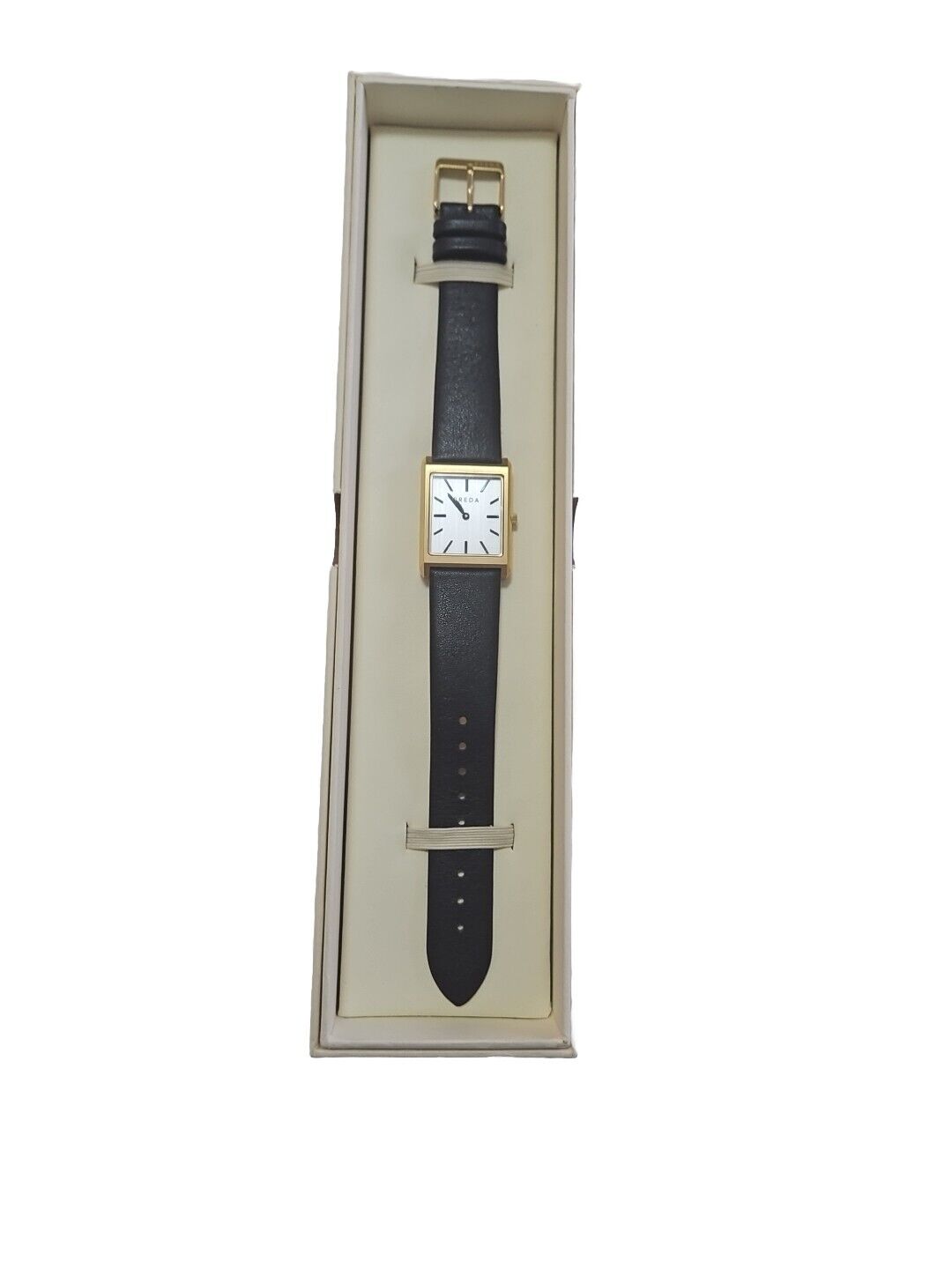 Breda Virgil 1736b Gold Square Wrist Watch with Genuine Black Leather Band 26MM