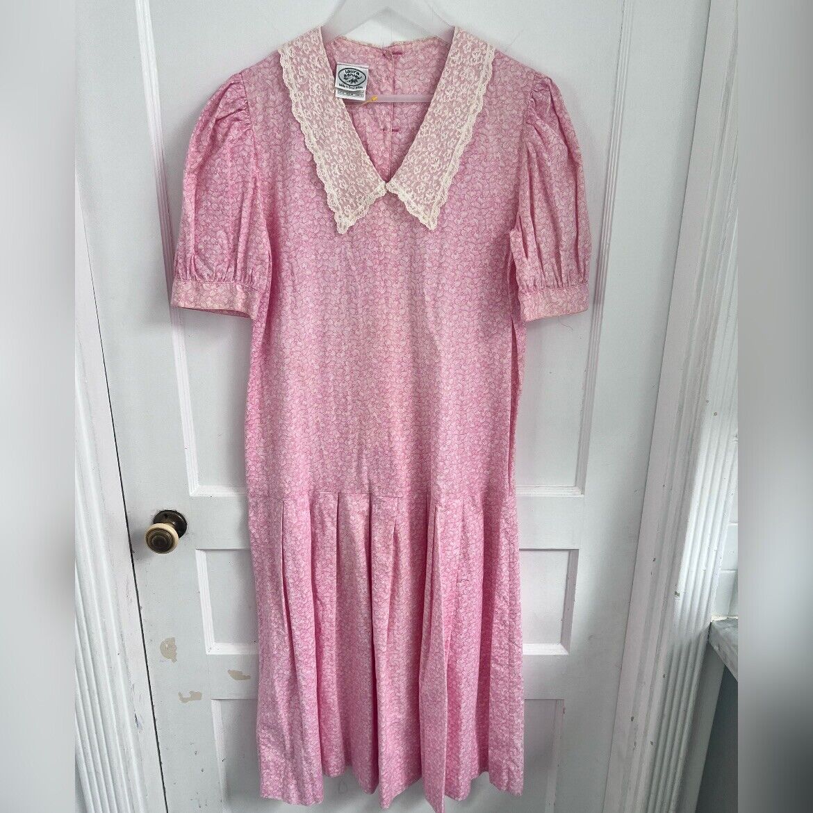 Laura Ashley Vintage Pink Floral Drop Waist Lace Collar Dress Size 10 RARE
