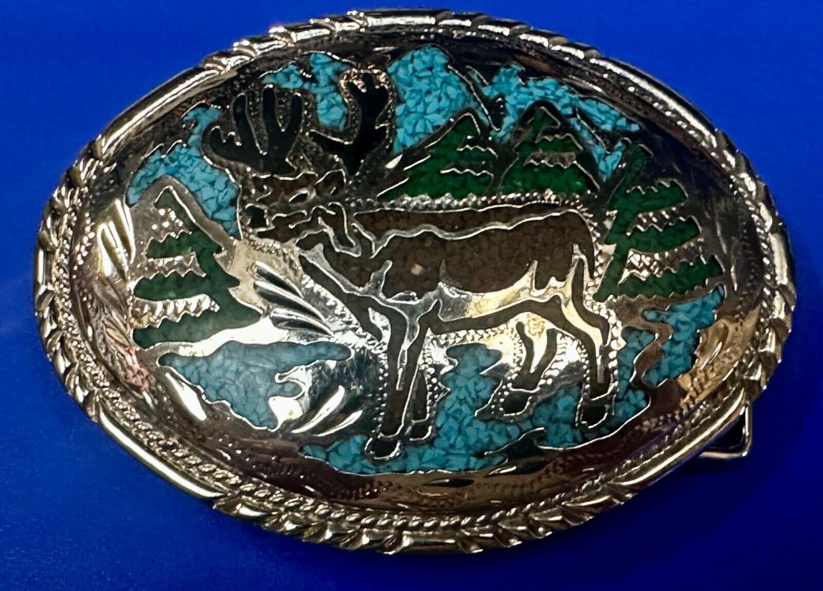 Deer - Inlaid Turquoise Chip and enamel Vintage Handcrafted Belt Buckle by SSI