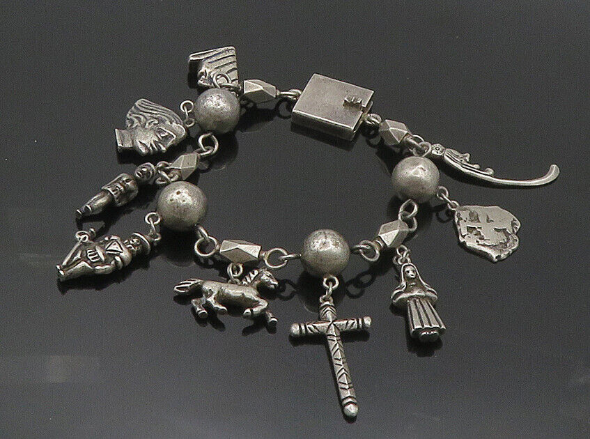 925 Sterling Silver - Vintage Antique Assorted Charms Chain Bracelet - BT7476