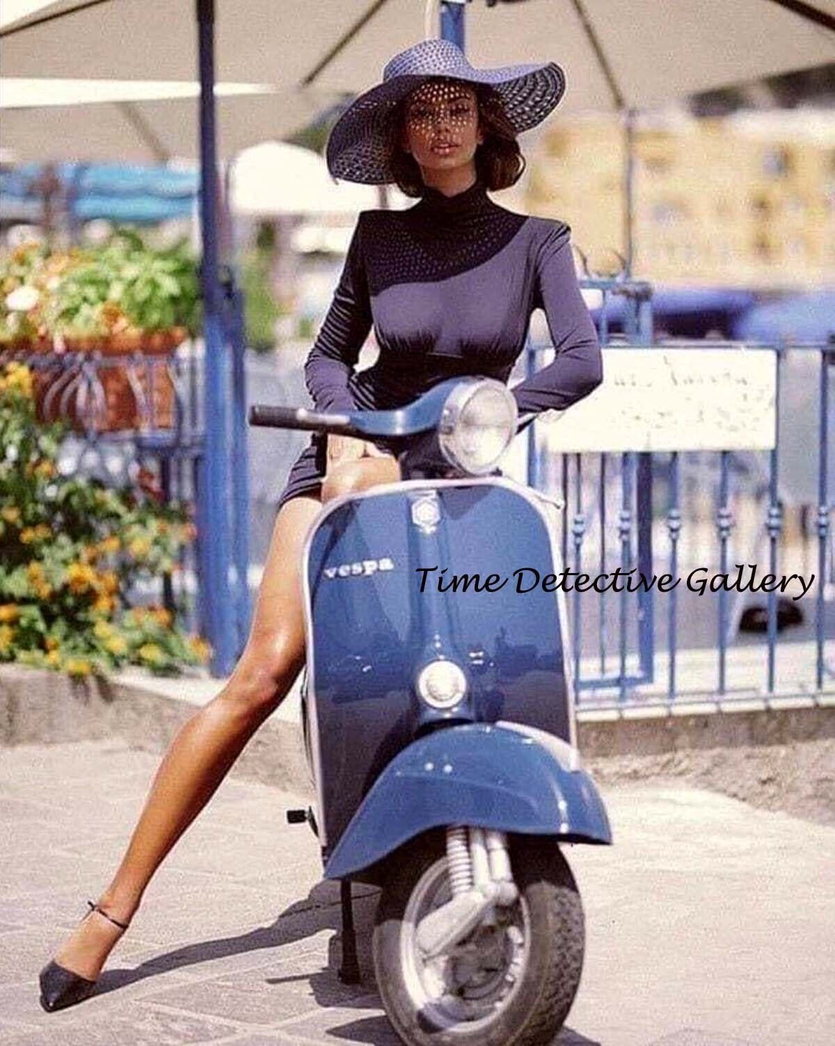 Romanian Model and Actress Madalina Ghe Sitting on a Vespa - Vintage Photo Print