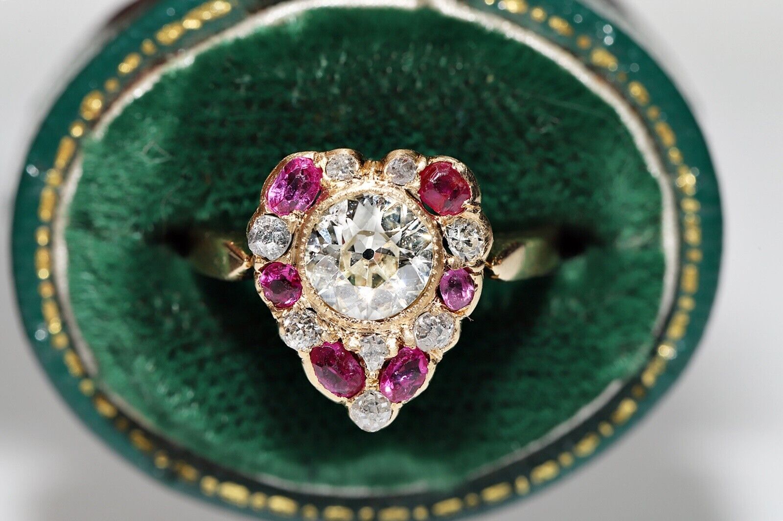 Antique Circa 1900s 18k Gold Natural Diamond And Ruby Decorated Ring