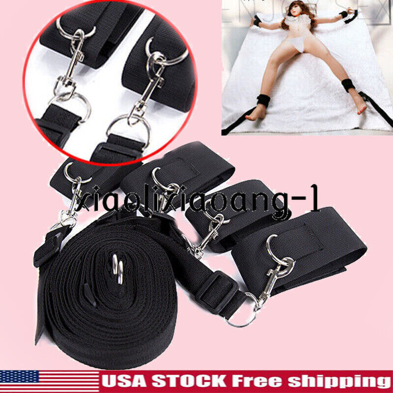 Black Restraint Bed System Body Harness with Handcuffs Ankle Cuff Binding Straps