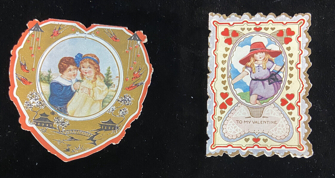 ANTIQUE WHITNEY MADE VALENTINE CARDS  Lot 2 Hearts Courting kids 