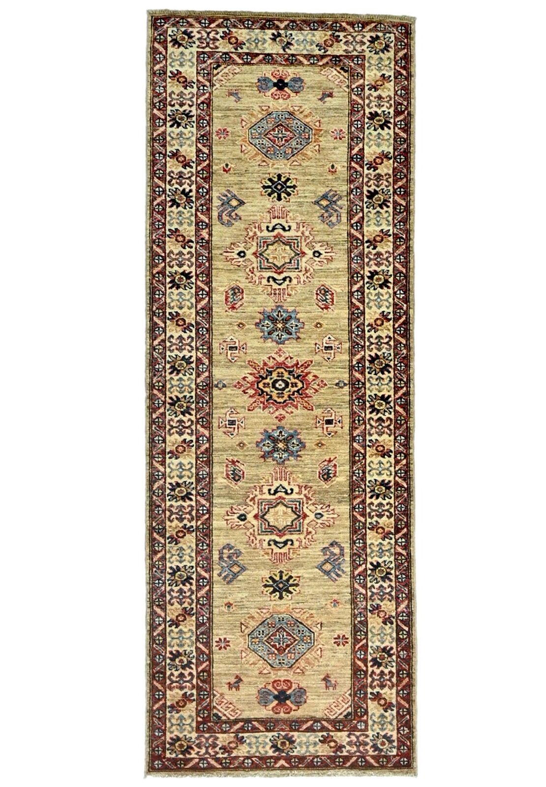 Khaki Tribal Geometric Wool 2'5X7 Kazak Runner Rug Farmhouse Boho Decor Carpet