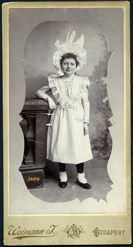 Larger size antique Cabinet Card, girl in amazing strange hat, 1890\'s Budapest,