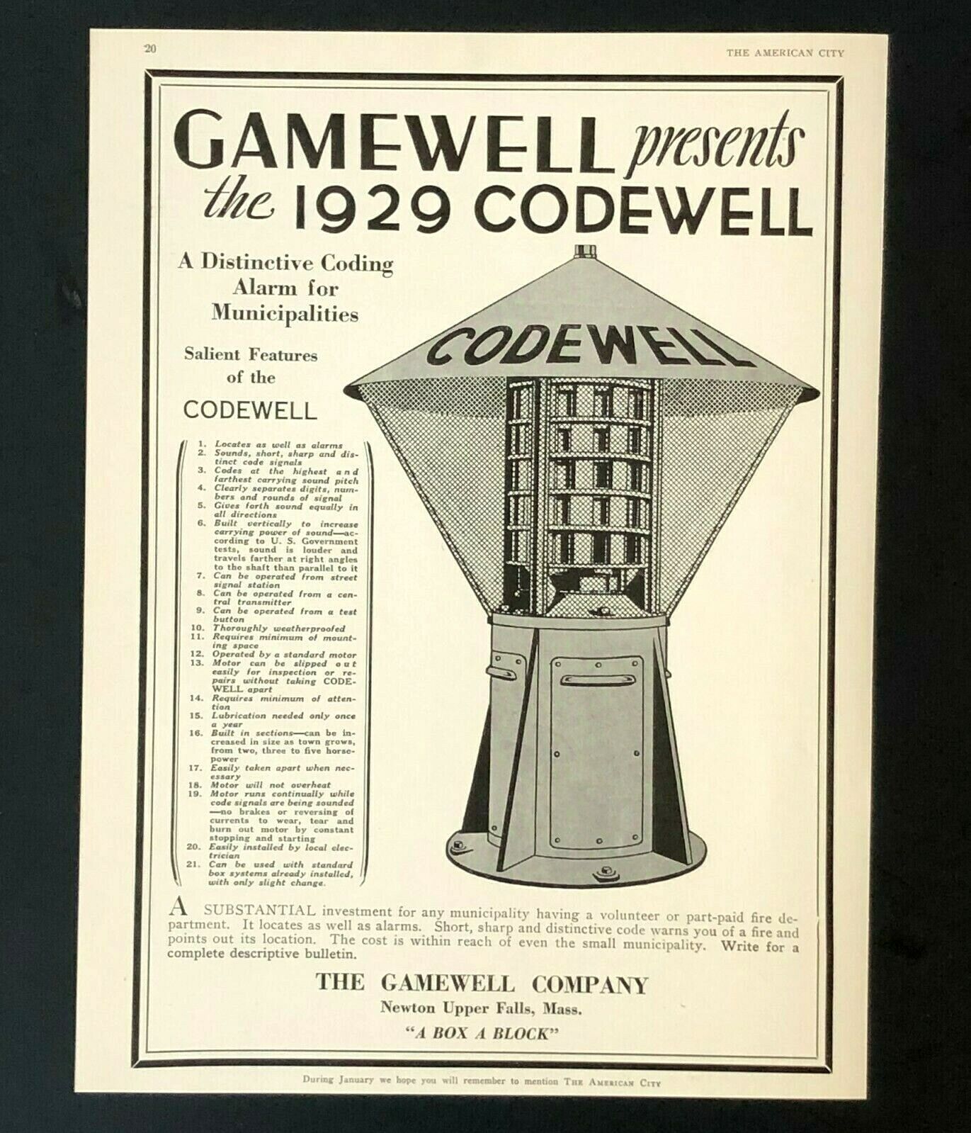 1929 Fire Coding Alarm Advertisement Gamewell Company Vintage Trade Print AD