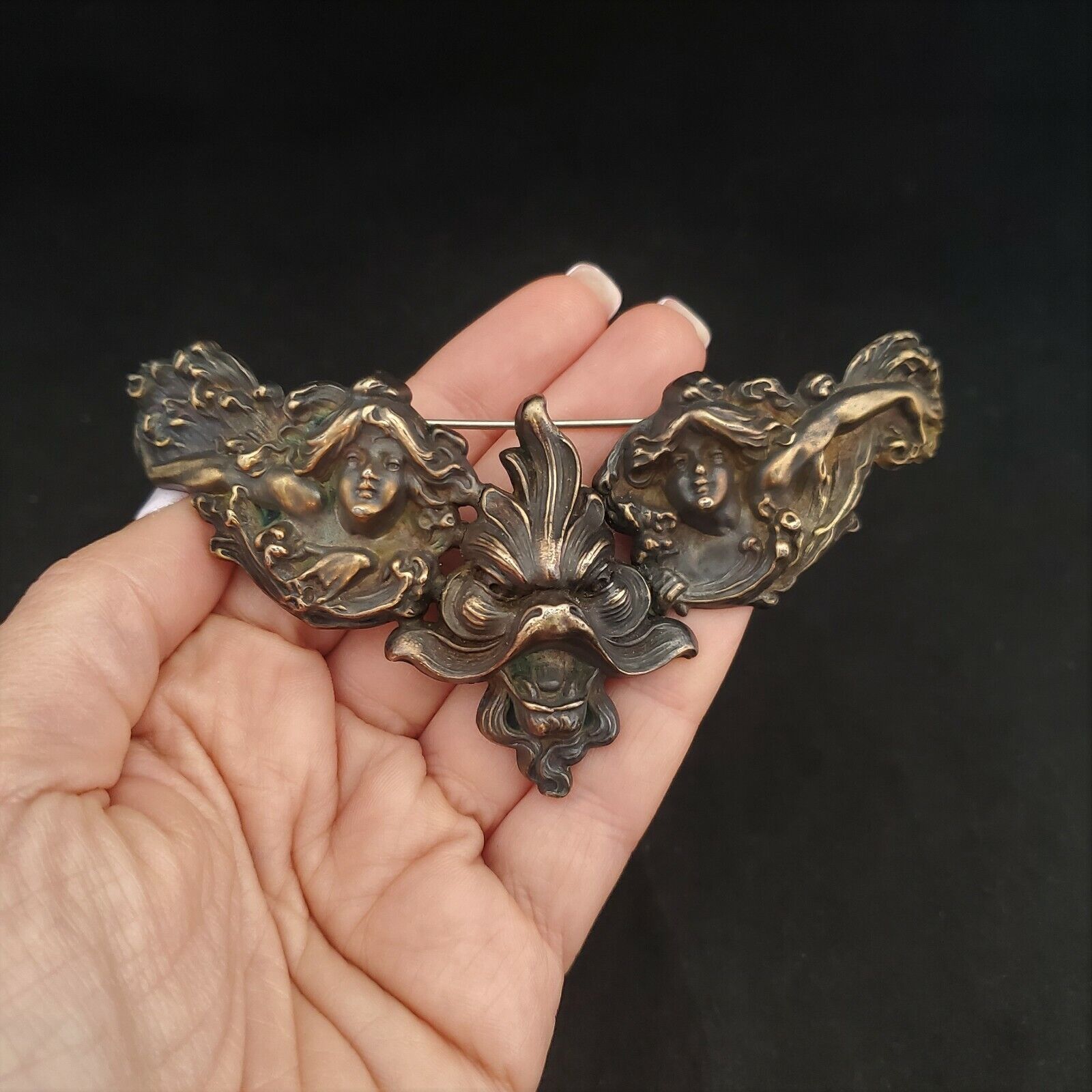 KERR Antique Dragon Angel Brooch Art Nouveau Asian Revival Sterling Silver Huge