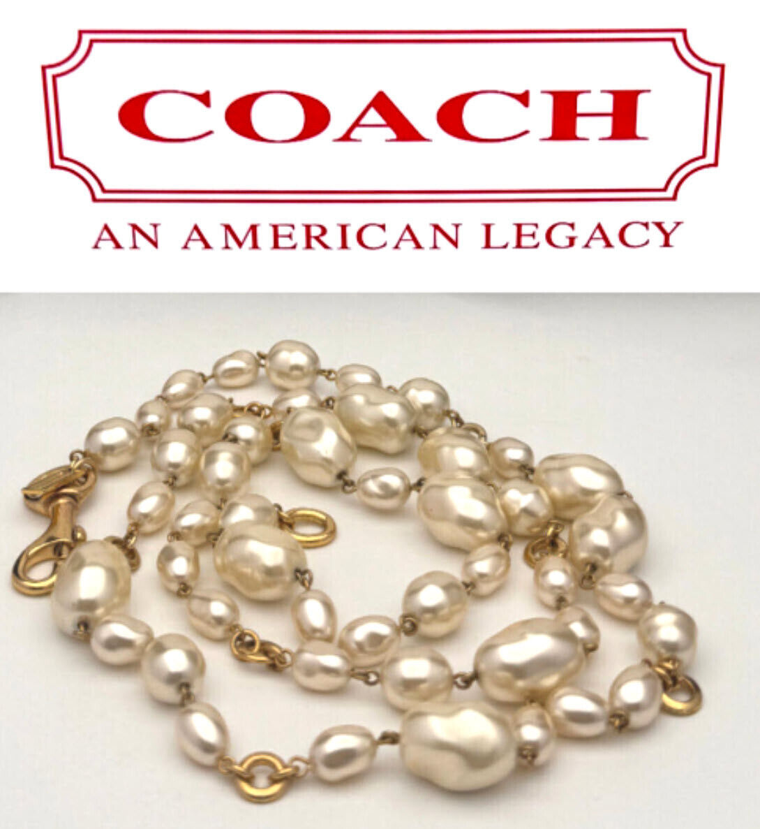 Coach Vintage Gold Plated Baroque Pearls Chain Wedding Rosary Long Necklace HTF