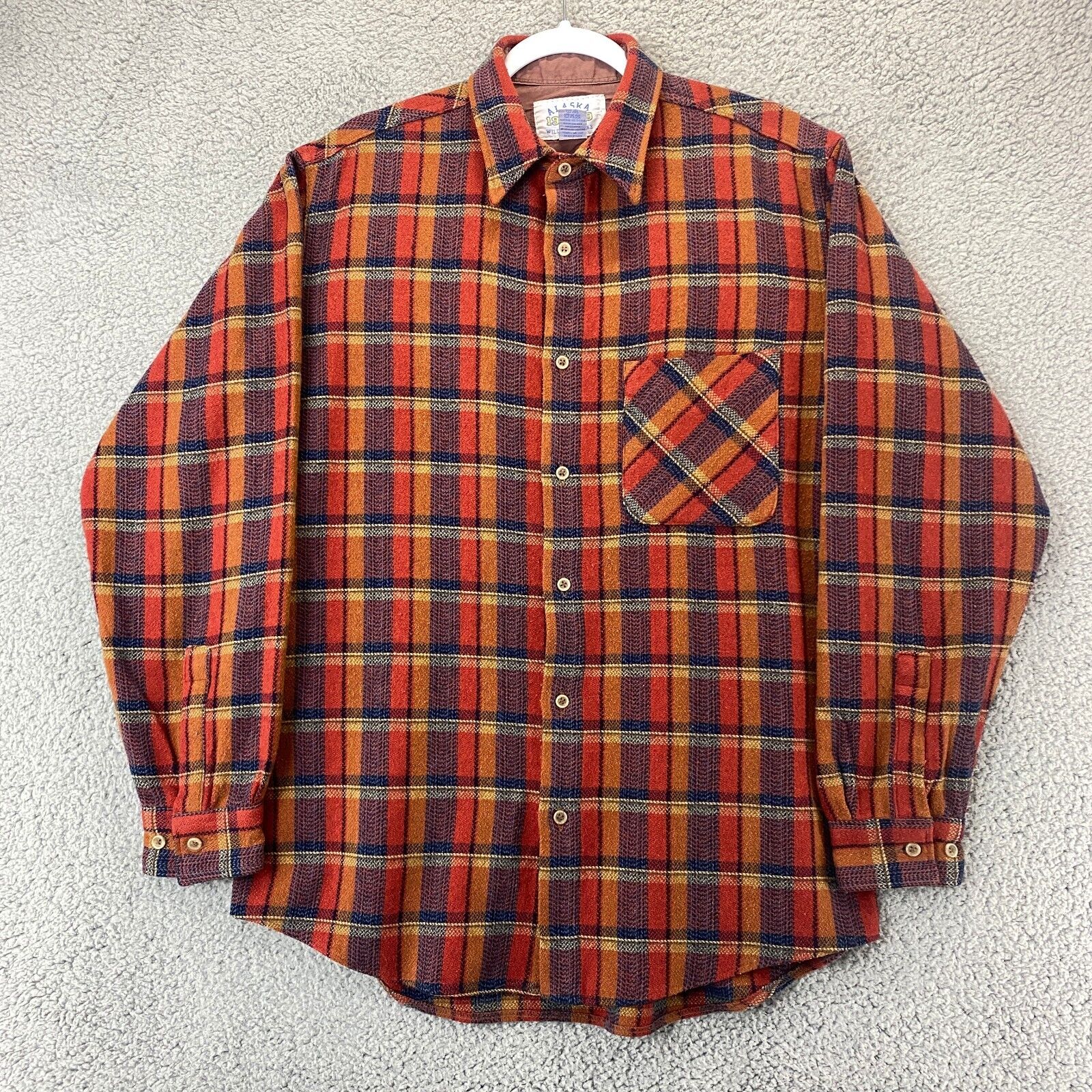 Alaska 1959 Wilderness Gear Size Large Orange Plaid Flannel Button Shirt Mens
