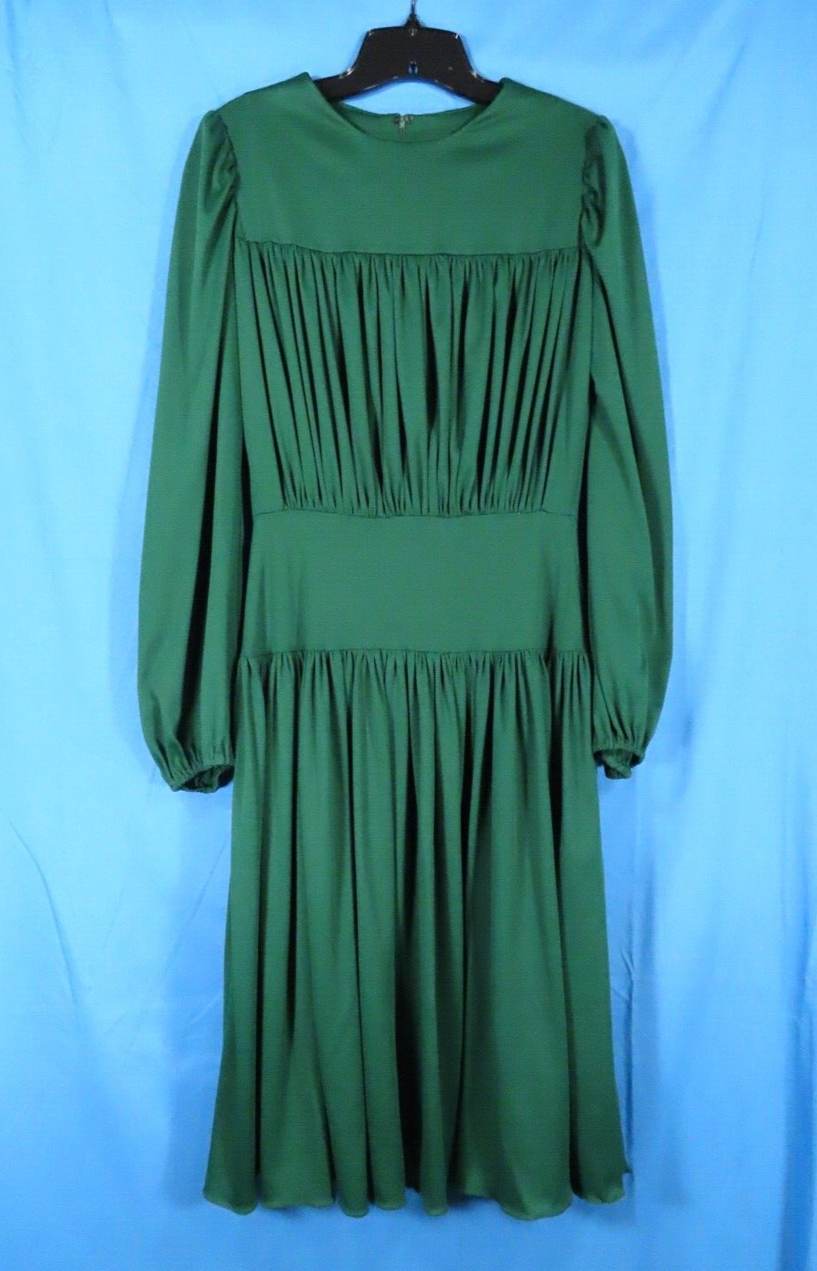 VTG Dark Emerald Green SILKY KNIT DRESS Dropped Waist Pleated FESTIVAL BOHO sz M
