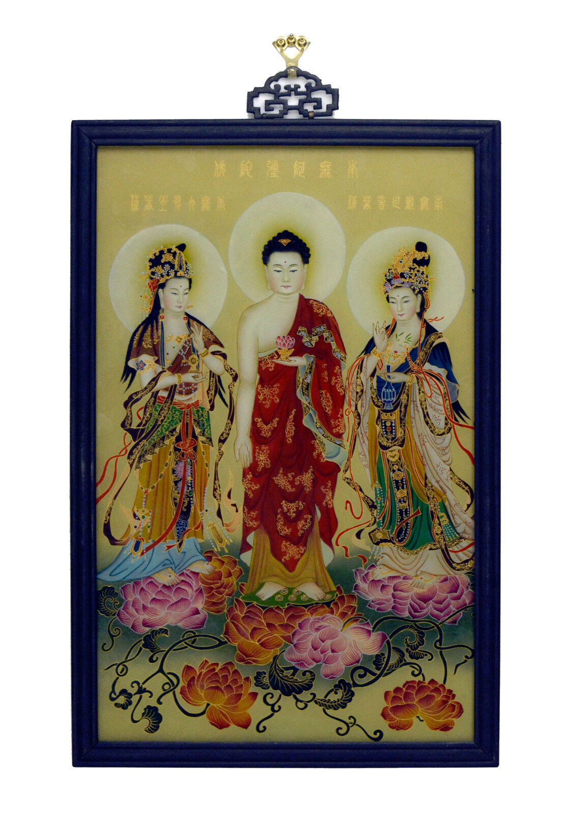 Superb Vintage Chinese Buddhist Reverse Glass Painting Wall Hanging Plaque
