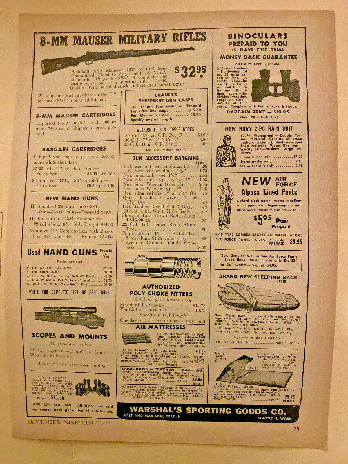1950 8-MM Mauser Rifle Warshal\'s Sporting Goods Seattle Vtg Magazine Print Ad