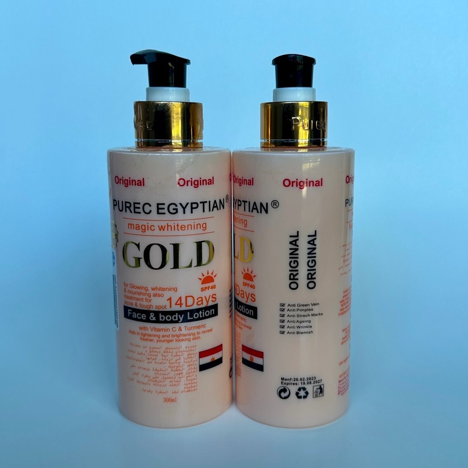 Original Pure Egyptian GOLD whitening body lotion 300ml authentic purec 2 bottle