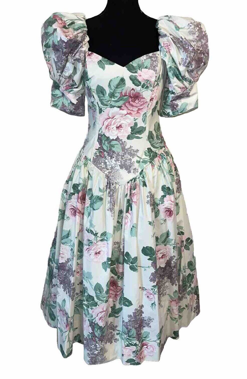Vintage 1980s Loralie Ivory/ Pink Floral 100% Polished Cotton Dress Current Sz 4