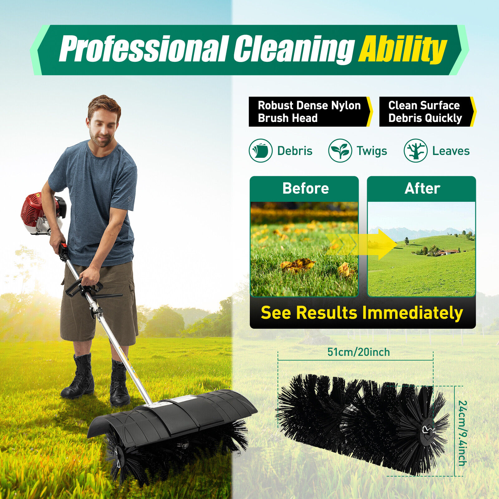 52CC Gas Power Brush Broom Sweeper Artificial Grass Driveway Sweeping Cleaner