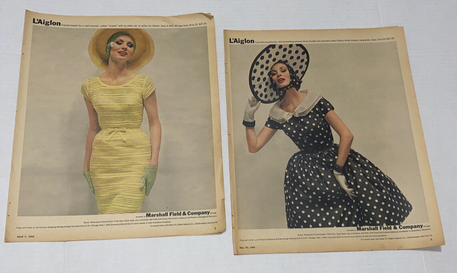 LOT #5E Vintage 1960s Marshall Field Print ADS L’Aiglon Womens Fashion Prop 1962