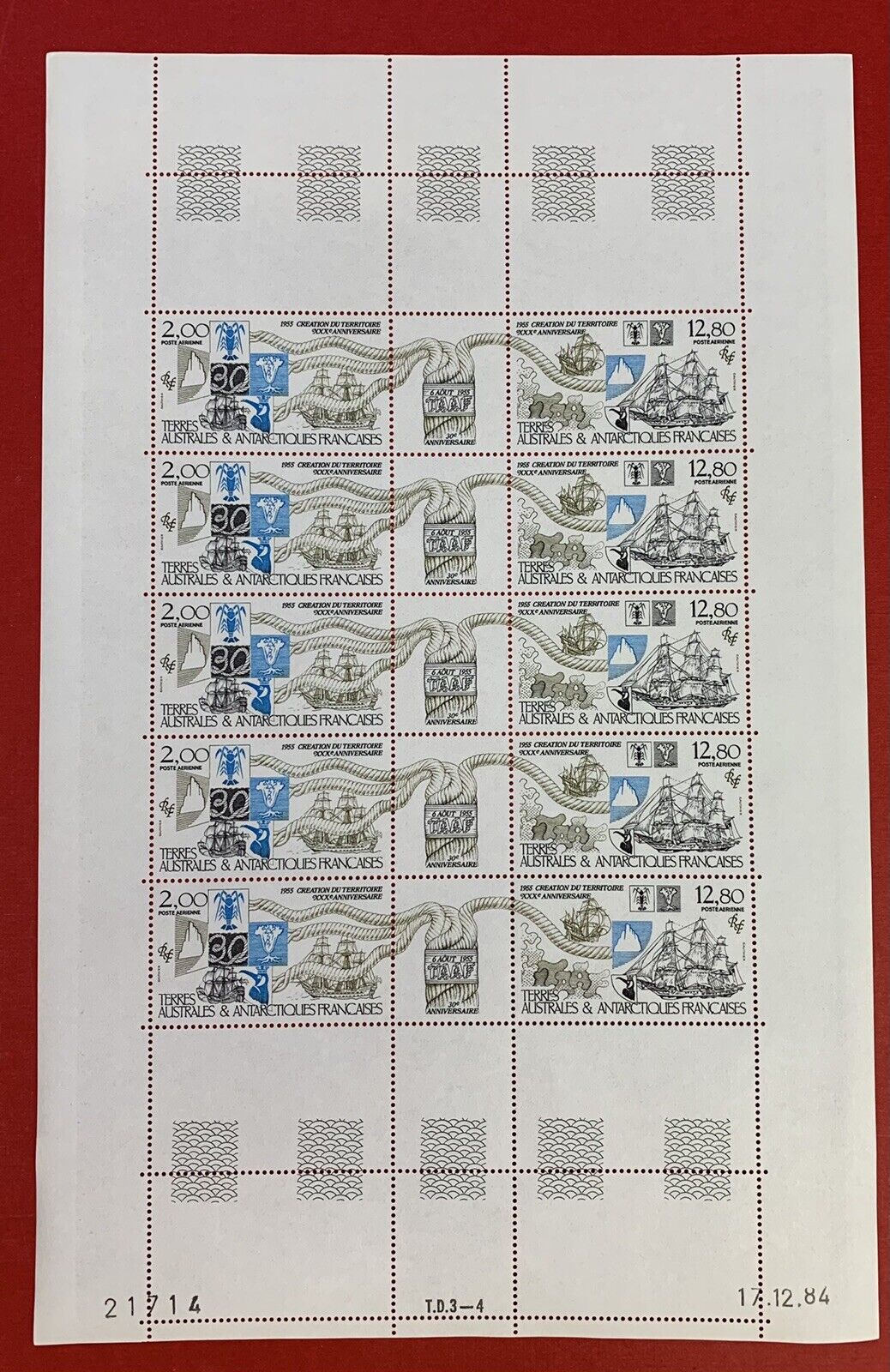 French So. Antarctic Terr. 1985, Scott #C89-90, Sheet of 10 + 5 Labels, Mint, NH