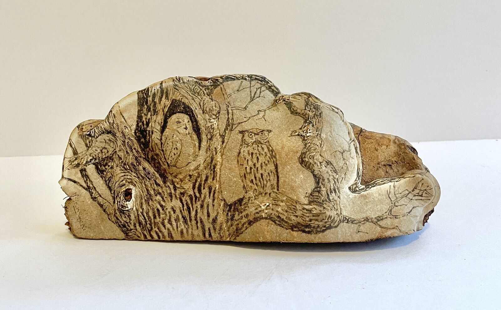 Vintage Owl Pyrography Hand Carved Tree Shelf Mushroom Fungus Folk Art Signed