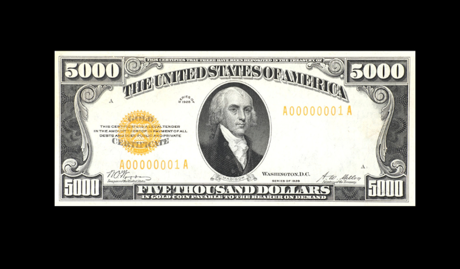 Reproduction Rare USA $5000 dollar 1928 Gold Certificate Specimen Banknote