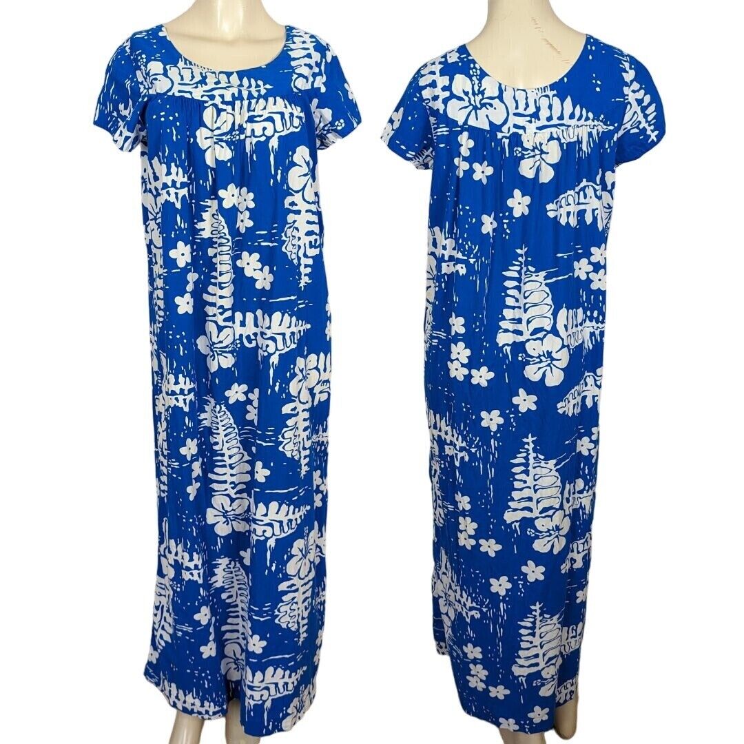 Ui-Maikai Vintage 1960s blue white floral Hawaiian maxi Muu Muu dress M