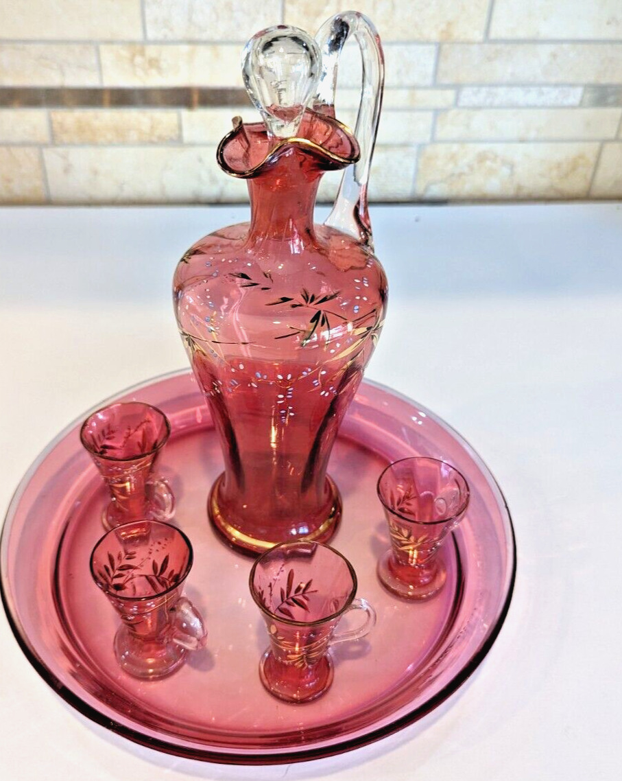 Cranberry Glass Art Nouveau Enameled Decanter w/4 Cordials-Liqueur  Cups& Tray