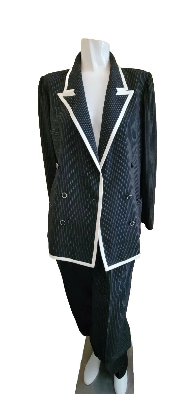 Ungaro Parallele Womens 1970s 1980s Vintage Black Pinstripe Double Breasted Suit