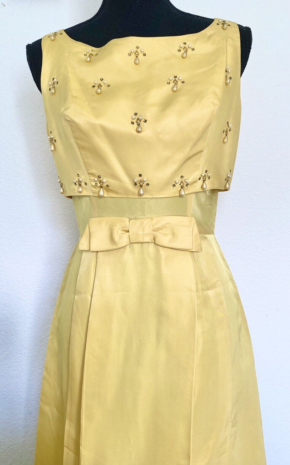 Vintage 1960s Satin Embroidered Embellished Beaded Mod Gogo Bow Sequin Dress