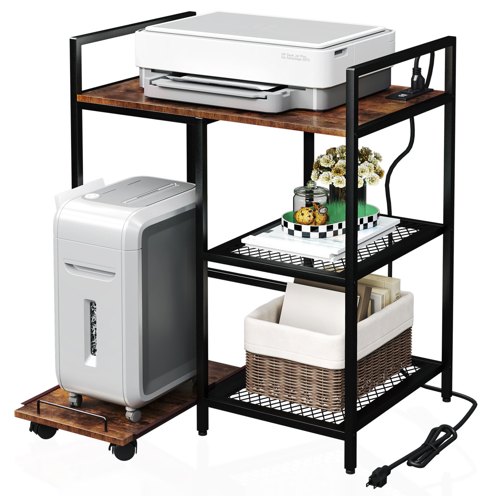 TC-HOMENY Printer Stand Cart with Charging Station Office Storage Rack Shelves