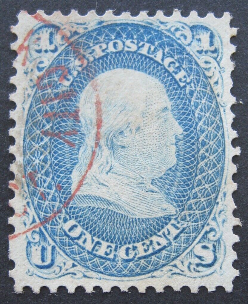 USA 1861-62 1c Franklin #63 VF-XF with red data+city cancel cat.$90