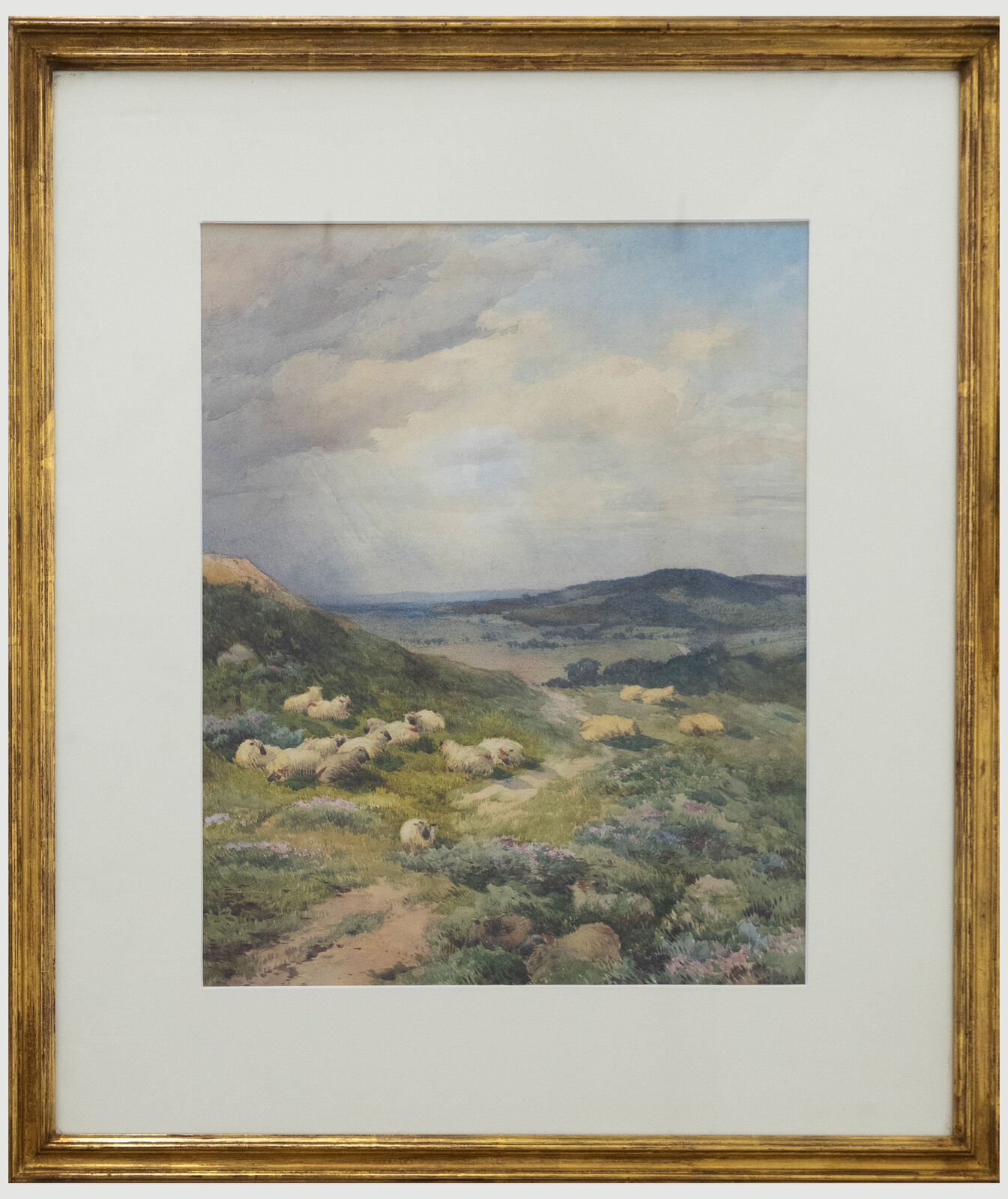 Framed Late 19th Century Watercolour - Sheep on the Hillside