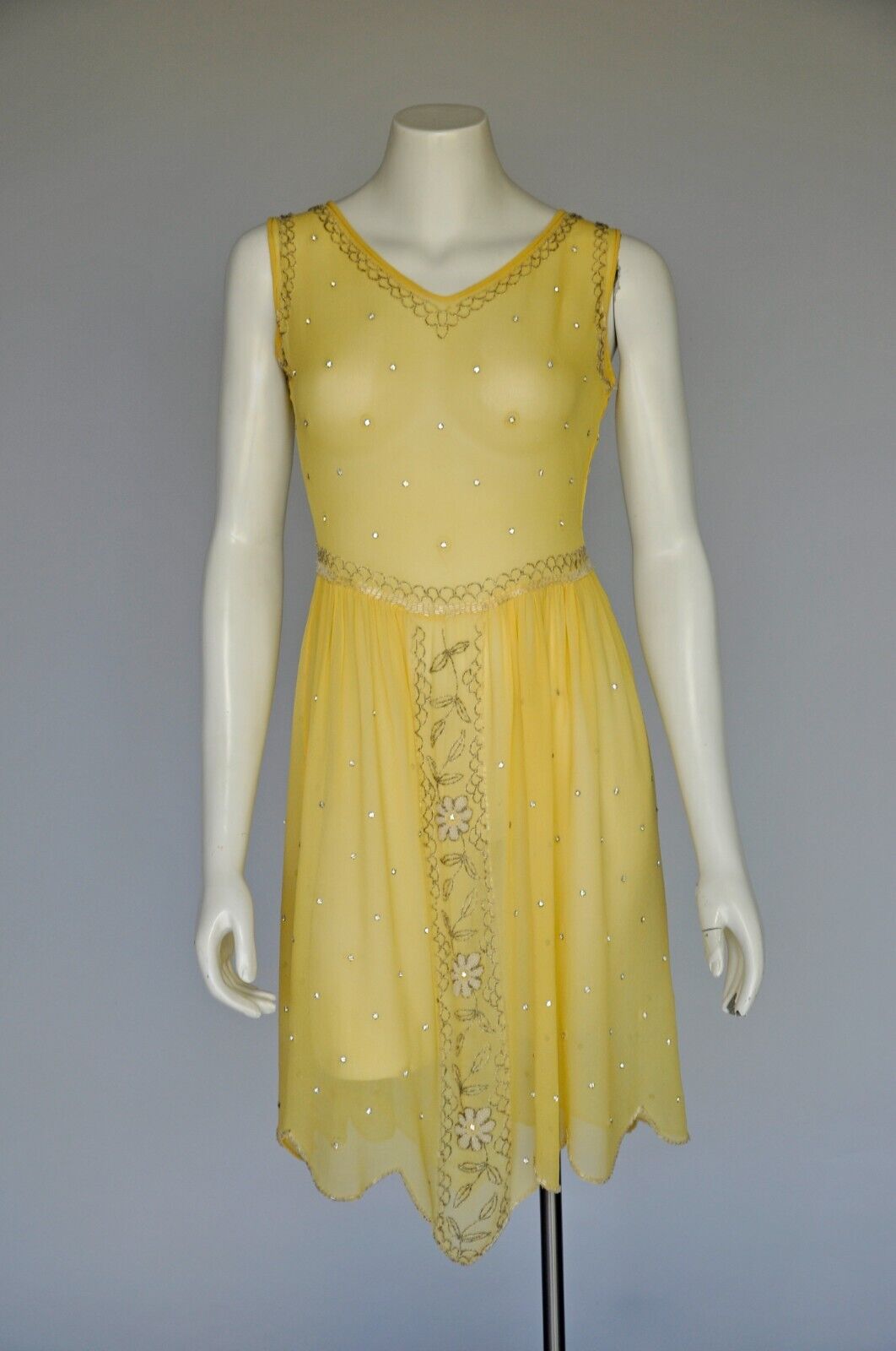 Antique 1920s Sheer Yellow Silk Floral Beaded Rhinestone Party Dress Flapper XS