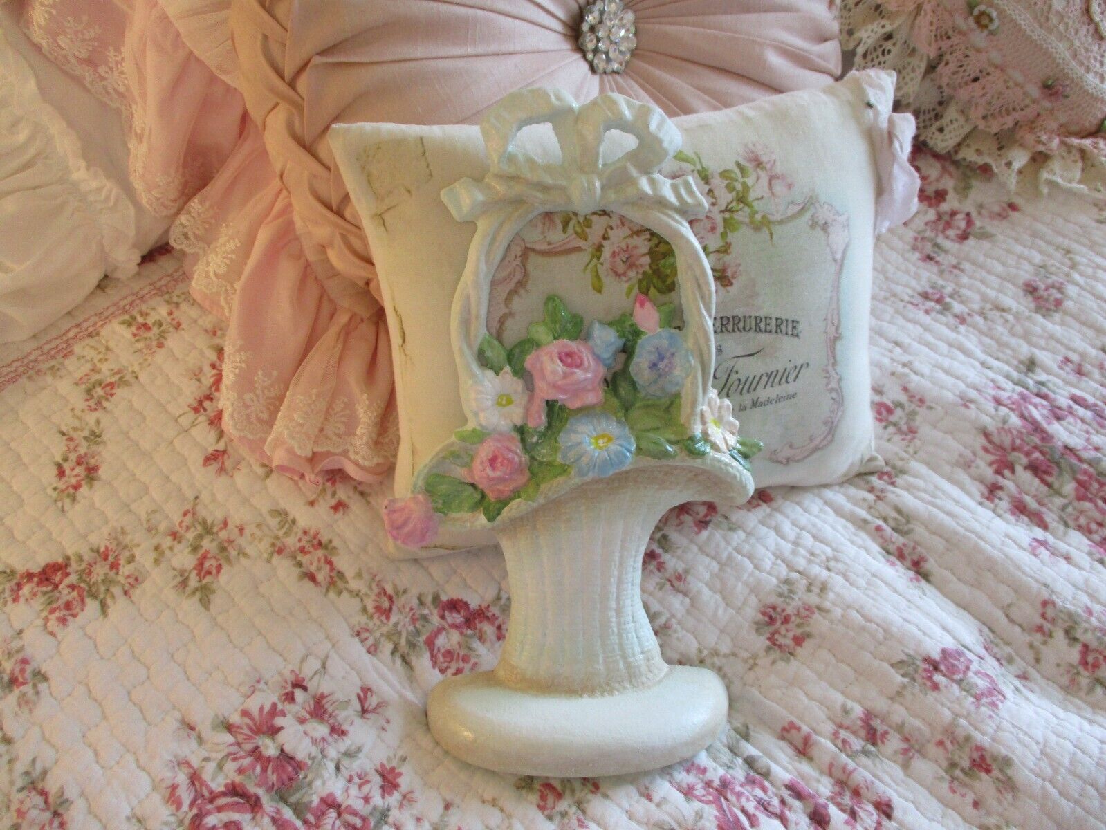 Shabby Chic Hand Painted Roses - Vintage Cast Iron Floral Basket Doorstop
