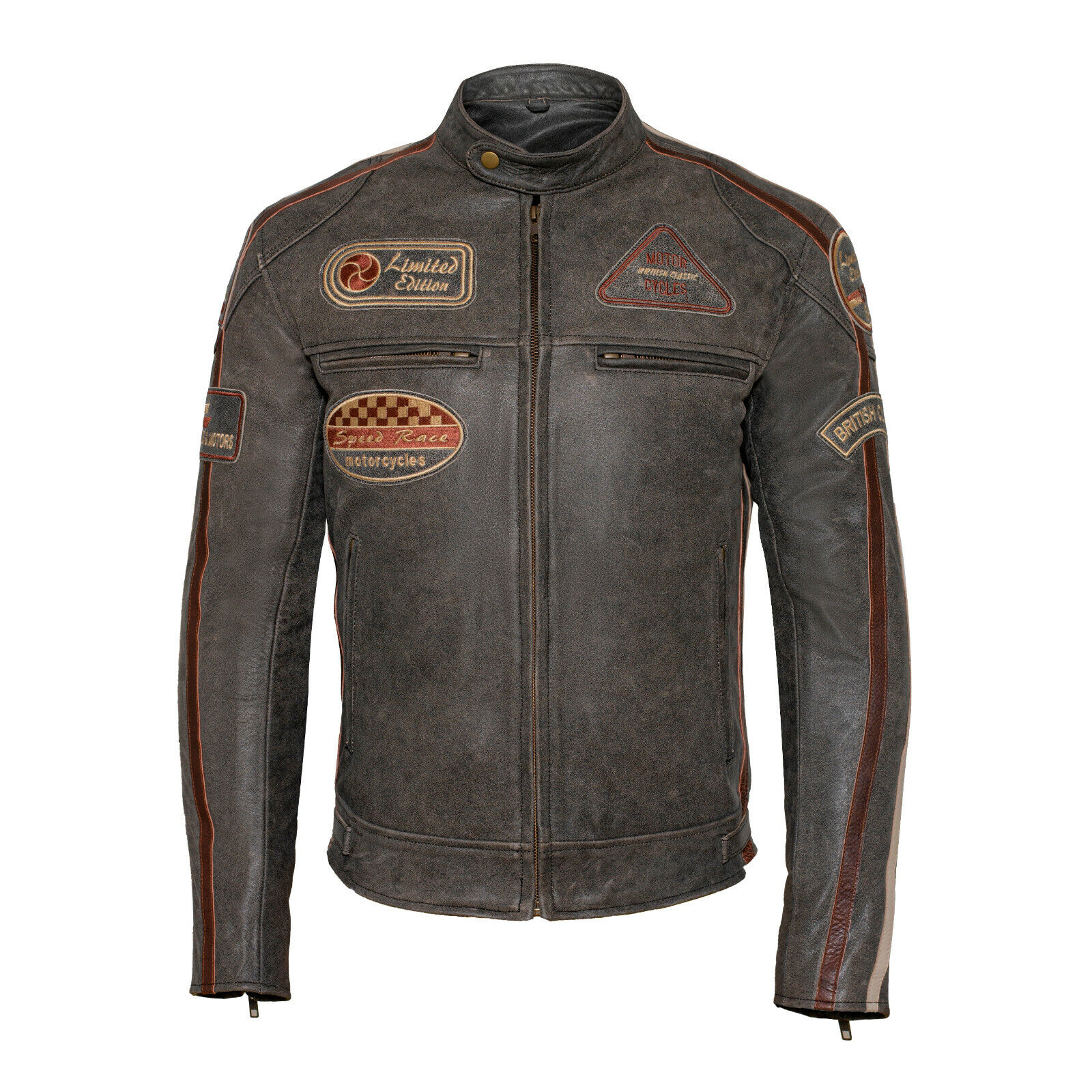 Classic Mens British Motorcycle Leather Jacket With Badges Biker Brown Striped