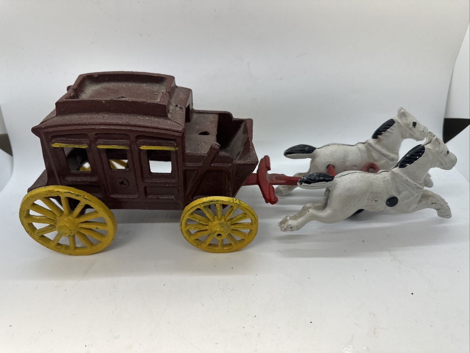 Vintage Cast Iron Horse Drawn Stage Coach Horse & Buggy Toy 