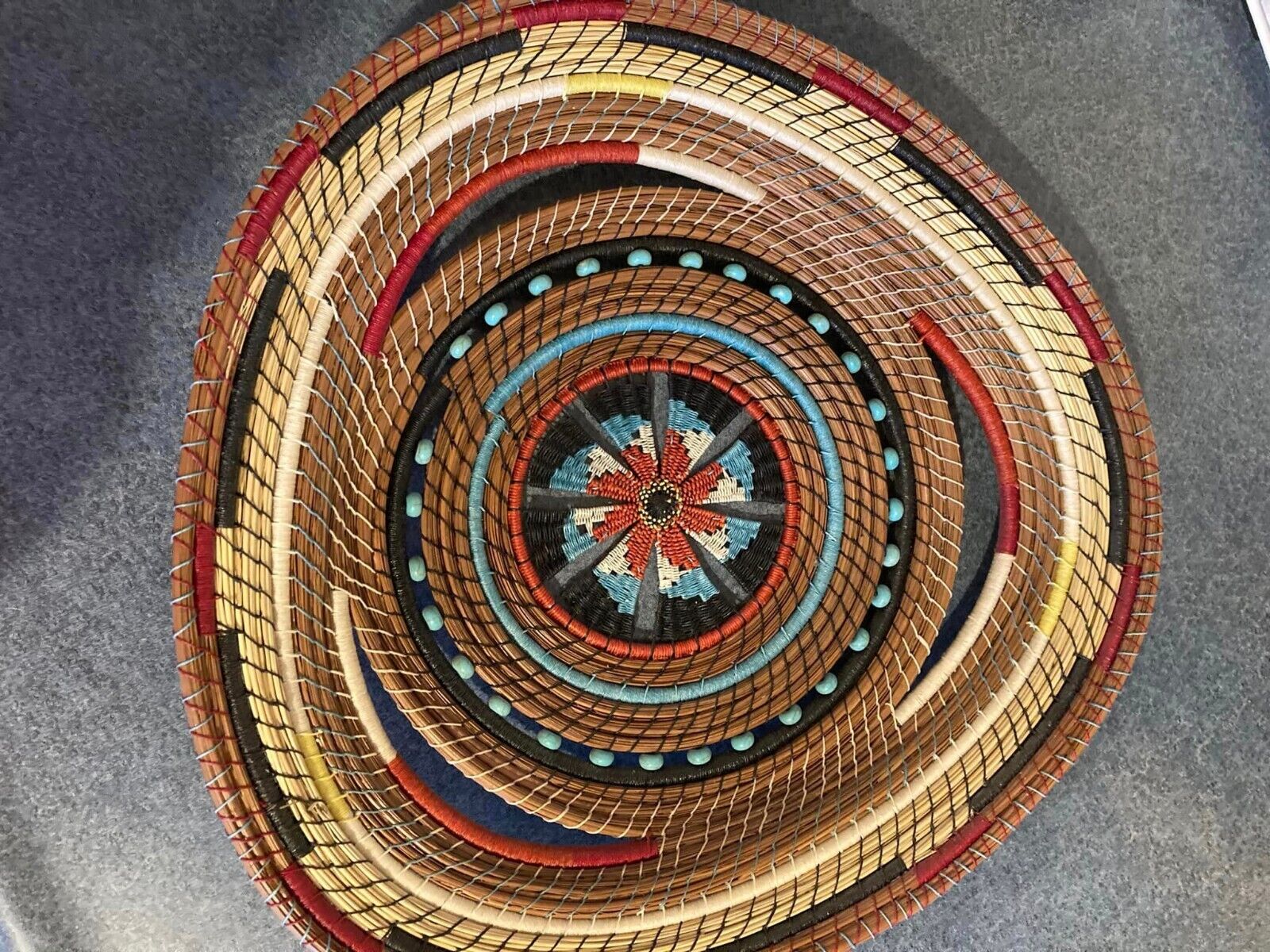 Handmade pine needle basket, southwest colors, of the sunset, OOAK