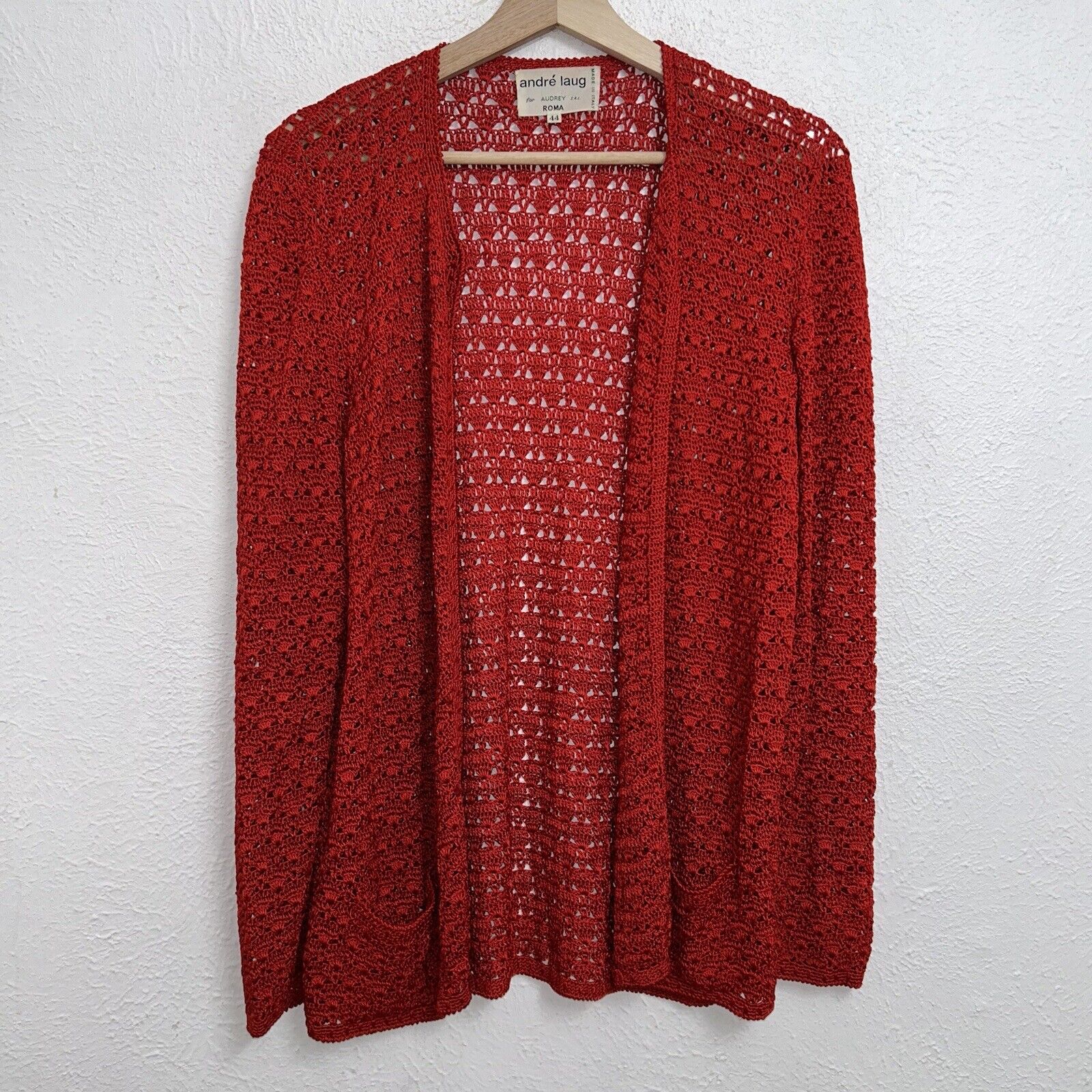 Vintage Andre Laug Audrey S.R.L. Roma Crochet Knited Red Cardigan Women’s 44
