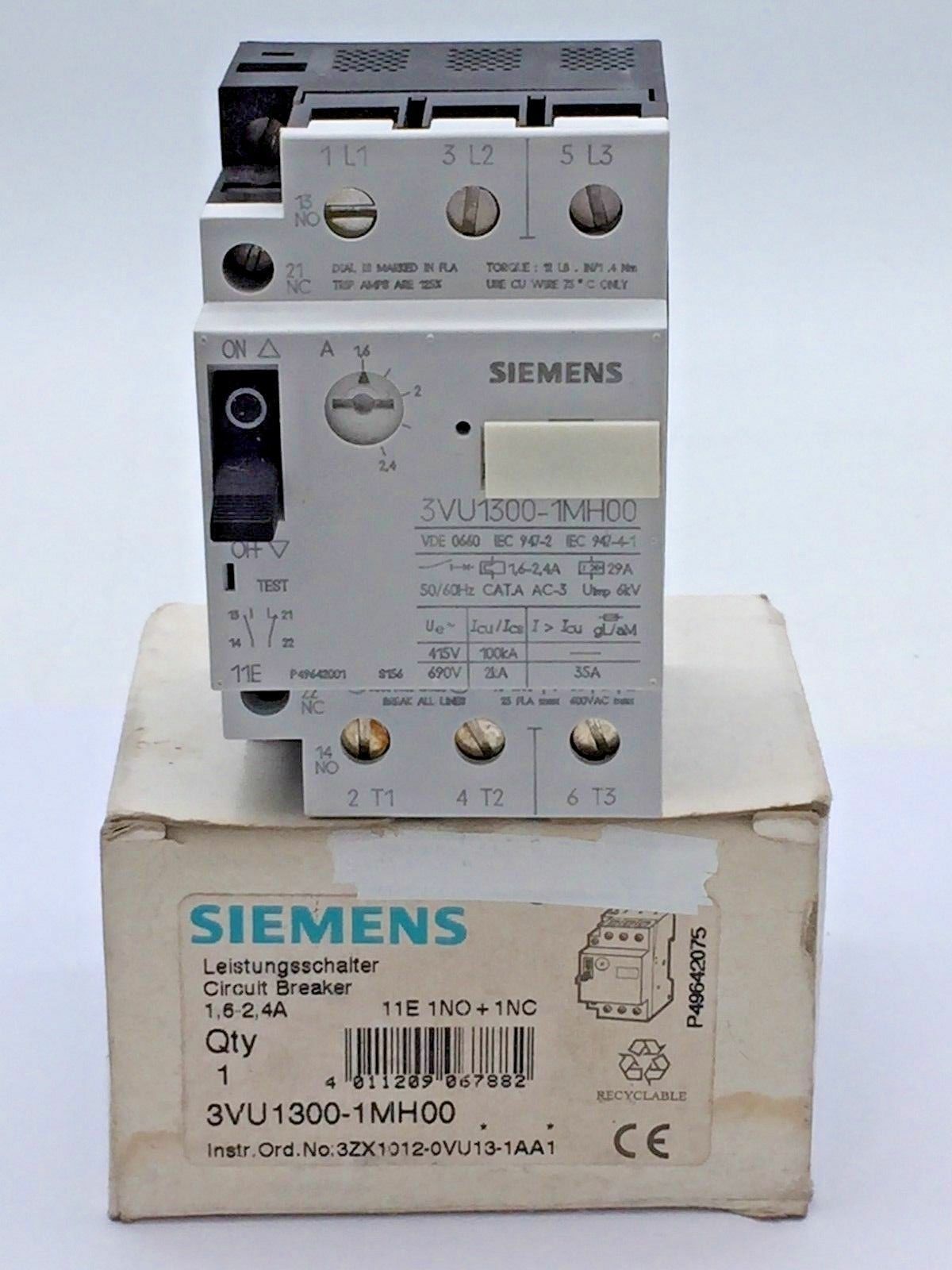 Siemens 3VU1300-1MH00 Circuit Breaker Motor Protector 3ph 1.6-2.4 Amp 1NO+1NC