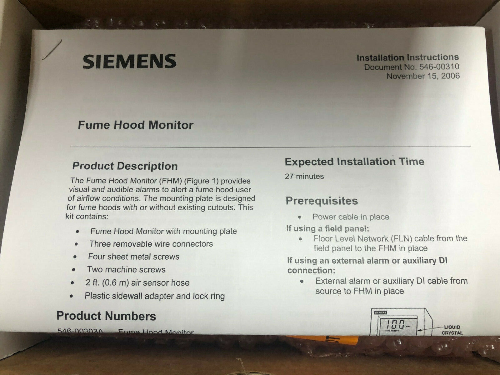 SIEMENS 546-00303A FHM Display Panel FUME HOOD Monitor Display Controller