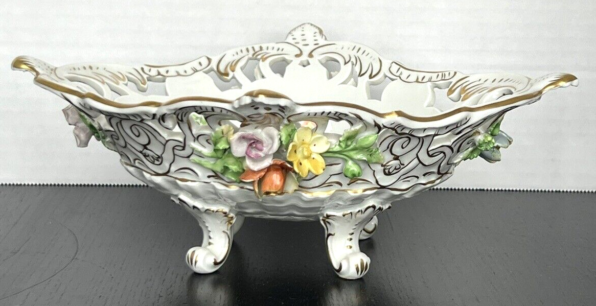 Antique Dresden Carl Theime Reticulated Oval Footed Bowl Applied Flowers 10.5\