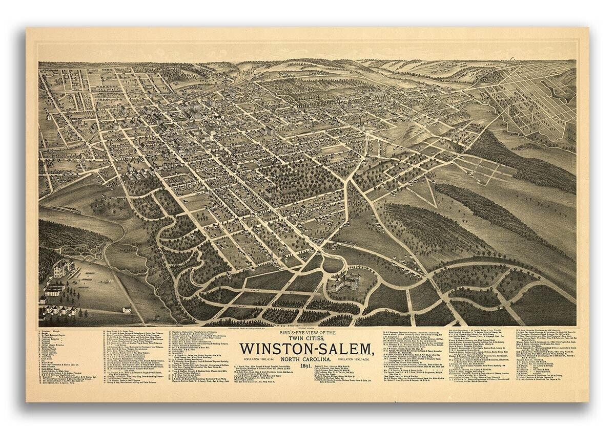 1891 Winston-Salem North Carolina Vintage Old Panoramic City Map - 16x24